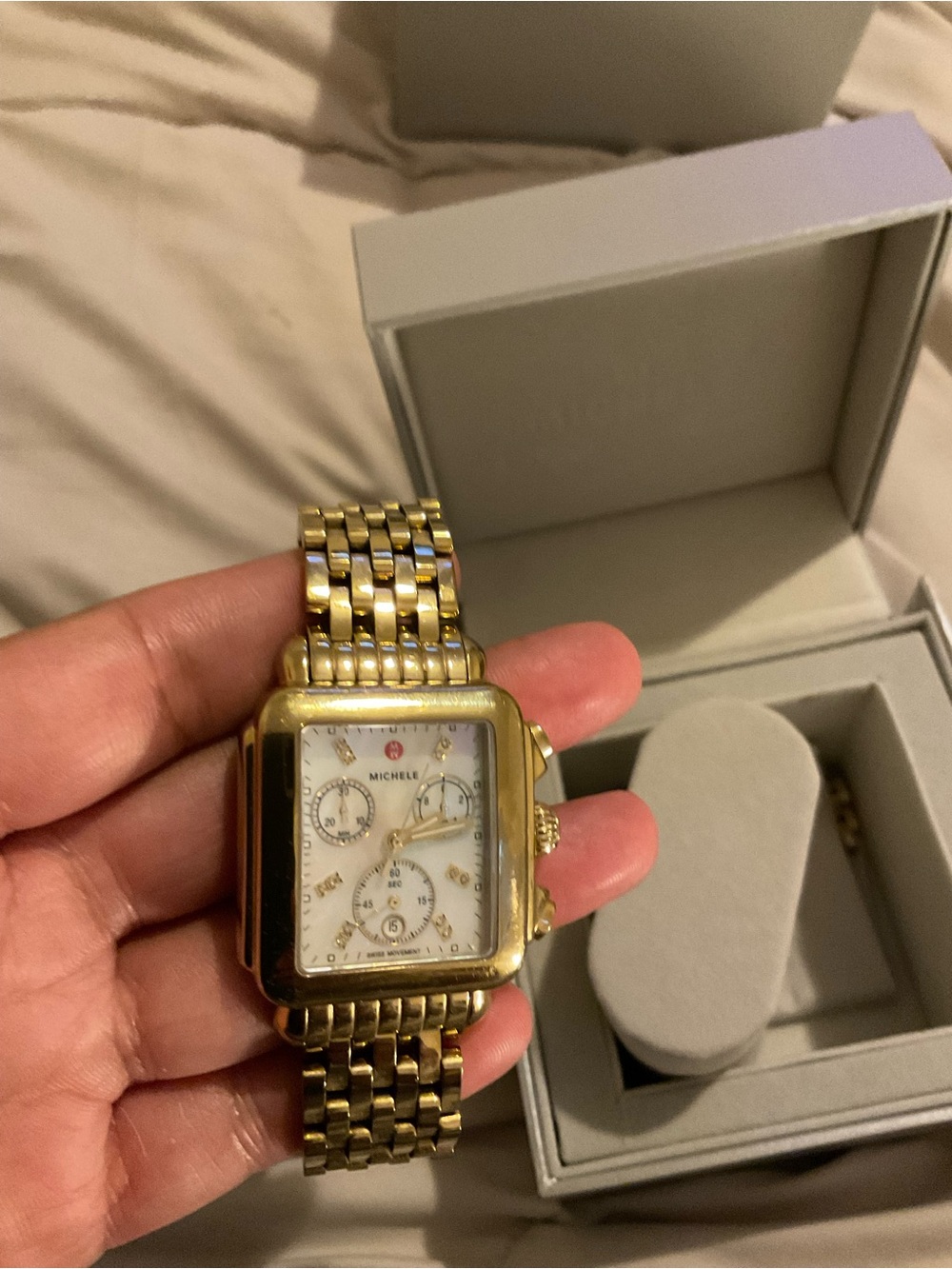 Michele Gold-Plated Square Watch with Mother-of-Pearl Dial and Diamonds - Picture 3 of 6